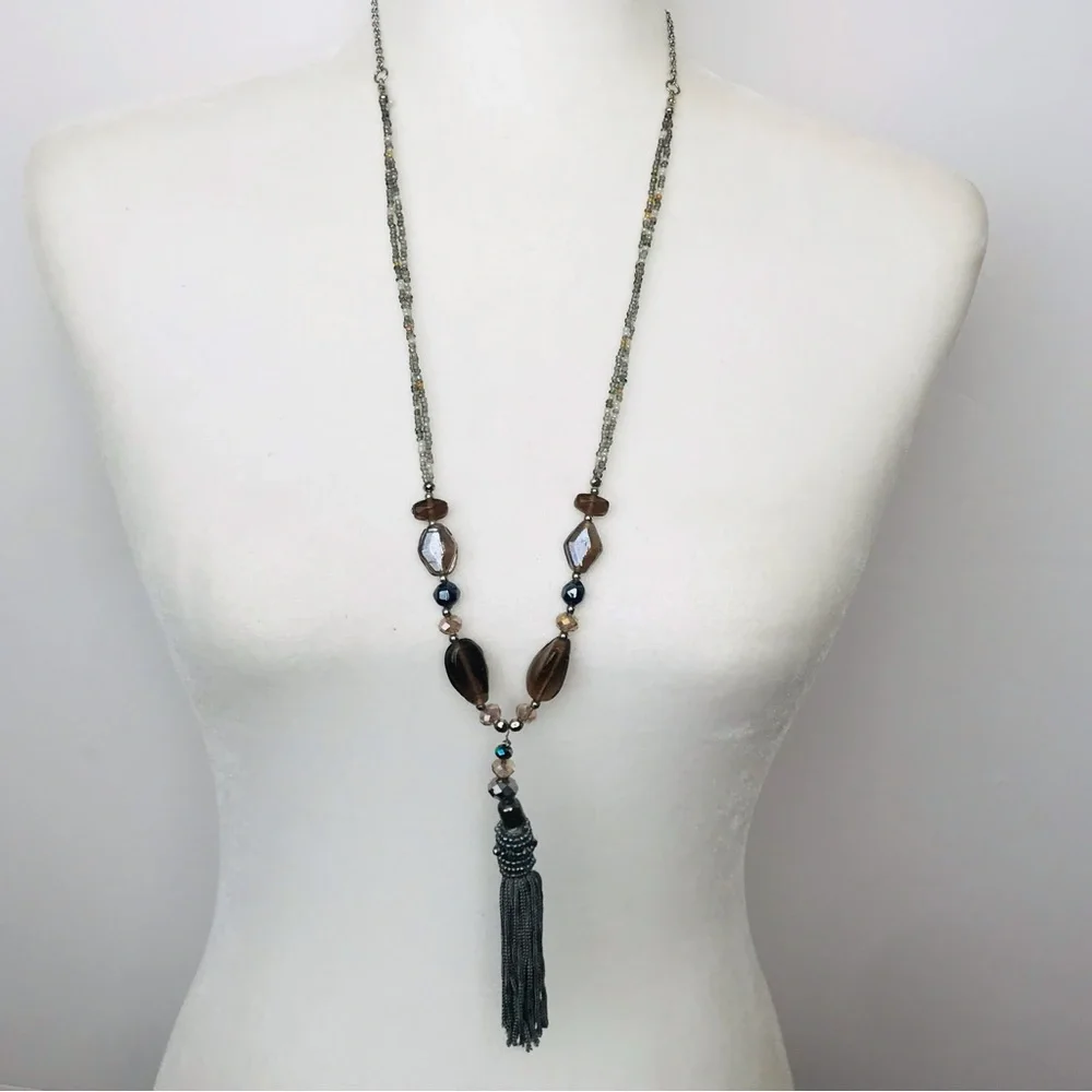 Chunky Glass and Seed Bead Long Fringe Tassel Necklace